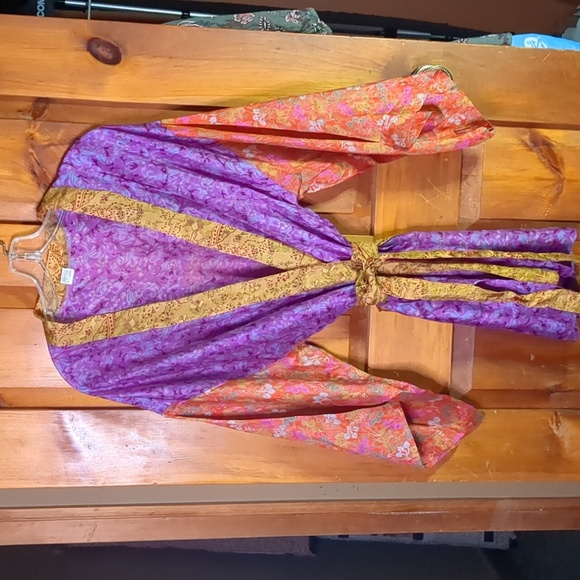 100% SILK kimono duster jacket tie front purple orange and yellow gold w/floral - Picture 8 of 12